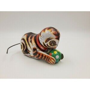 Vintage Wind Up Tin Metal Cat With Ball  Litho Toy No Key